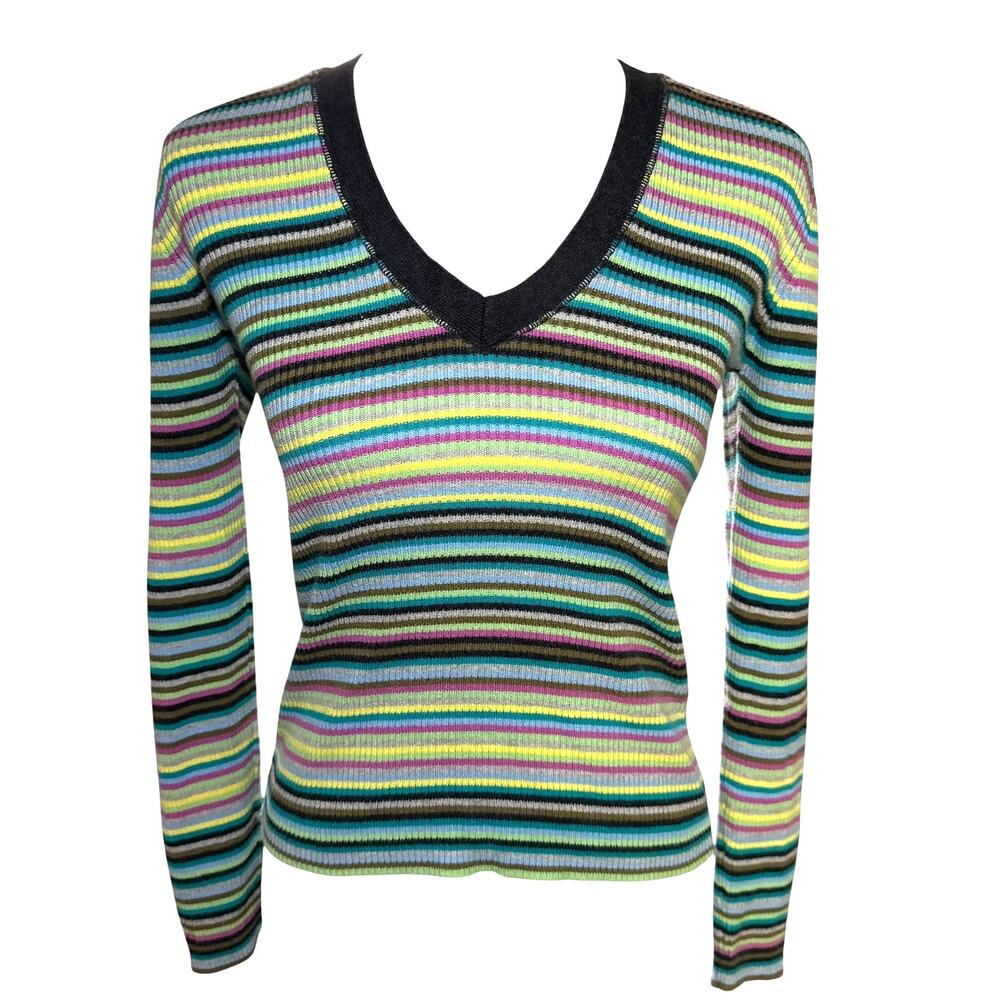 Y2K Old Navy Colorful Striped V Neck Ribbed Top Size Medium